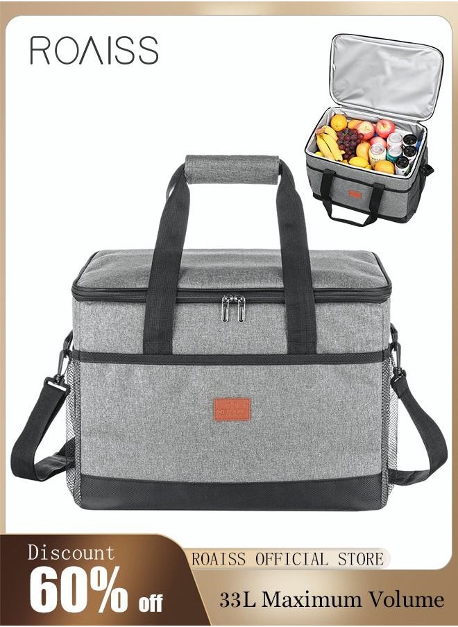roaiss Outdoor 33L Large Cooler Bag Insulated Handbag Reusable Waterproof Oxford Ice Refrigerated Lightweight Fresh-keeping for Men Women Picnic/BBQ/Beach/Lunch Grey  - Image 2