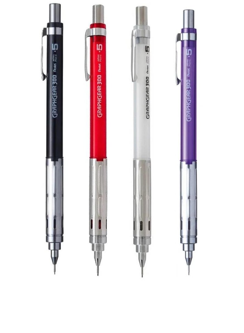 Pentel قلم رصاص ميكانيكي جراف جير 300 من 4 قطع برأس 0.5 مم متعدد الألوان (قد يختلف اللون) - Image 1