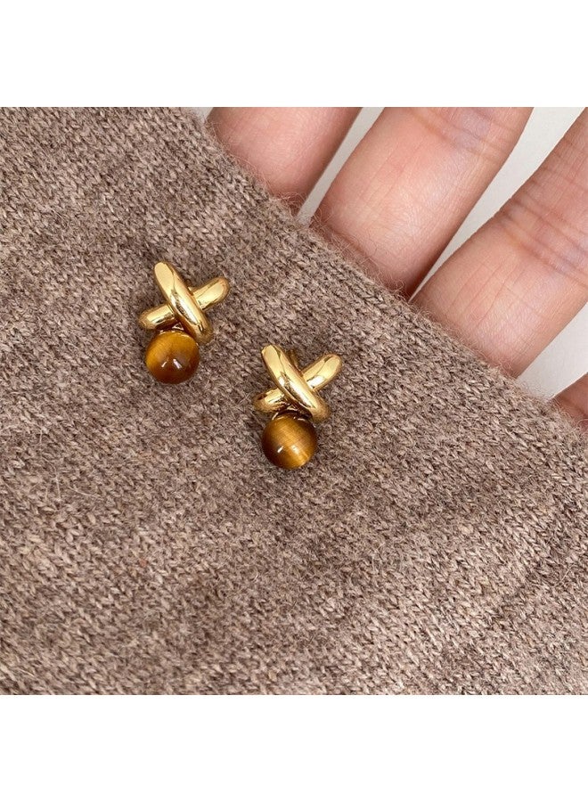 18k Real Gold Electroplated Silver Needle Tiger Eye Stone Oval Earrings, Maillard Vintage Earrings, Light Luxury High-end Earrings