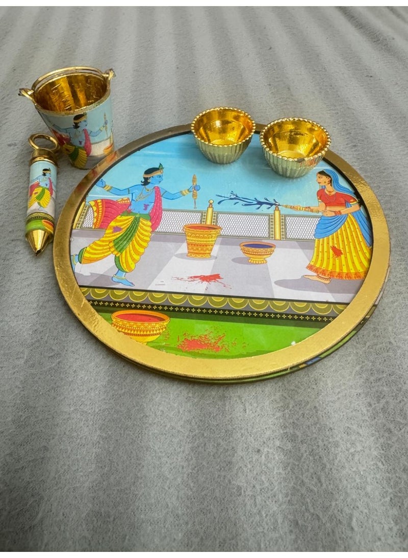 Holi Special / Laddu Gopal Plate for Holi with Balti Pichkari (Symbolic Toy only) and 2 Empty Bowls. Material Plastic. random design will come. - Image 3