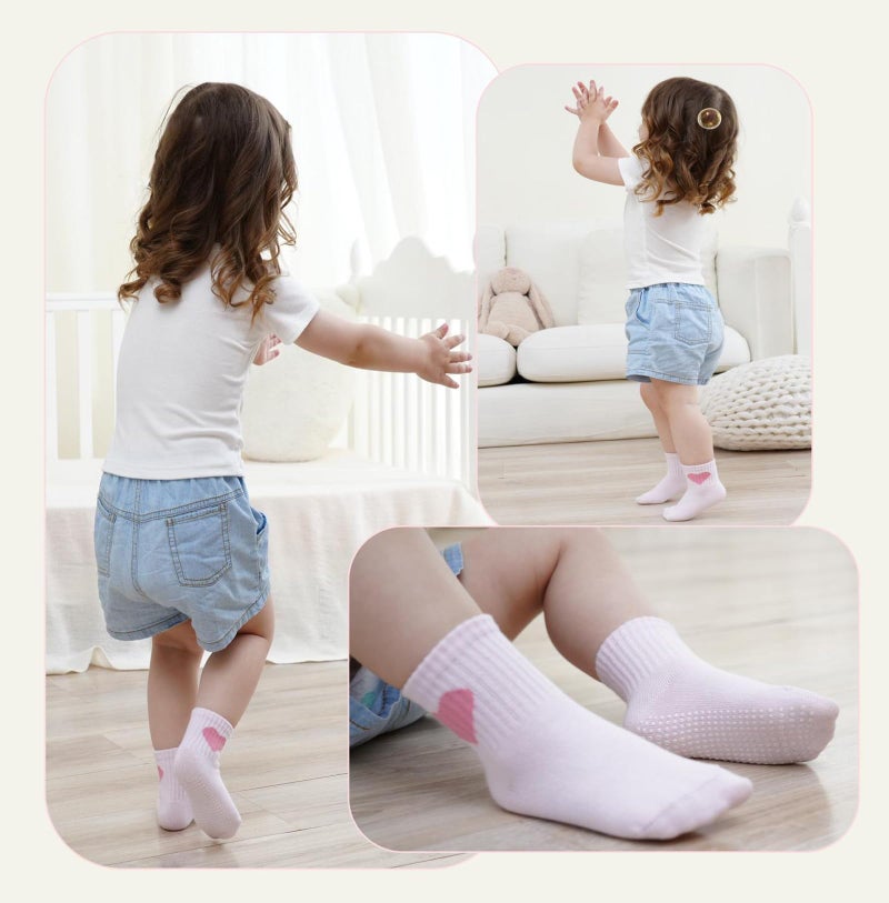 Wamvp Toddler Grip Socks with Non-Slip, Unisex Baby Retro Stripe Seamless Crew Ankle Cotton Socks for Girls Boys 6 Pairs,Pink 1-3T - Image 2