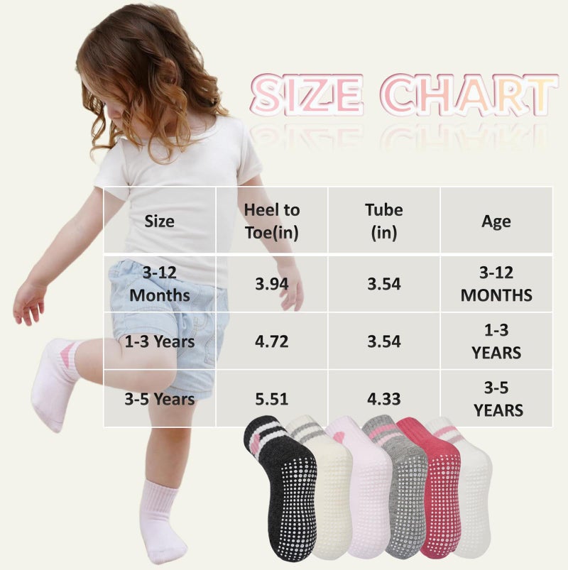 Wamvp Toddler Grip Socks with Non-Slip, Unisex Baby Retro Stripe Seamless Crew Ankle Cotton Socks for Girls Boys 6 Pairs,Pink 1-3T - Image 4