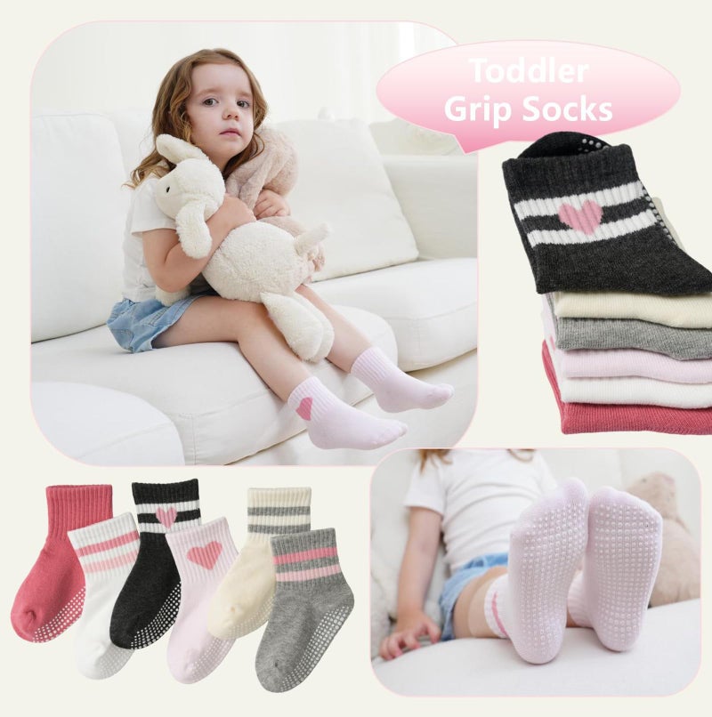Wamvp Toddler Grip Socks with Non-Slip, Unisex Baby Retro Stripe Seamless Crew Ankle Cotton Socks for Girls Boys 6 Pairs,Pink 1-3T - Image 3