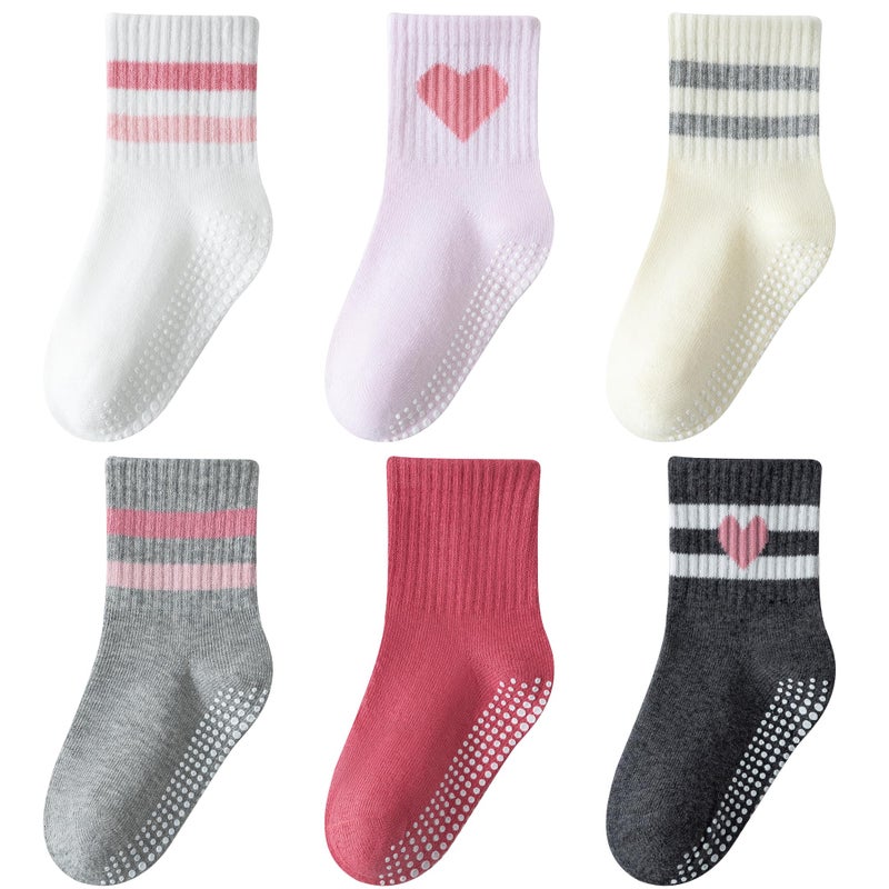 Wamvp Toddler Grip Socks with Non-Slip, Unisex Baby Retro Stripe Seamless Crew Ankle Cotton Socks for Girls Boys 6 Pairs,Pink 1-3T - Image 1