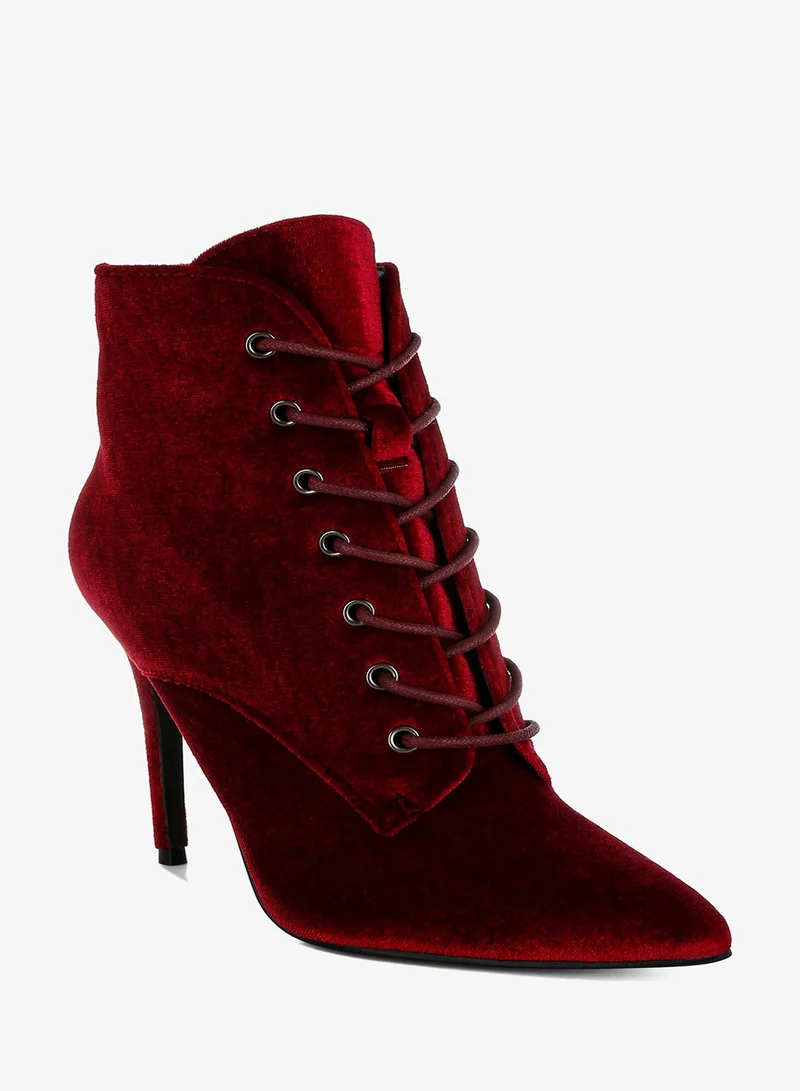 London Rag Velvet High Heeled Boots in Burgundy