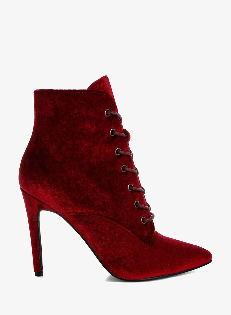 London Rag Velvet High Heeled Boots in Burgundy