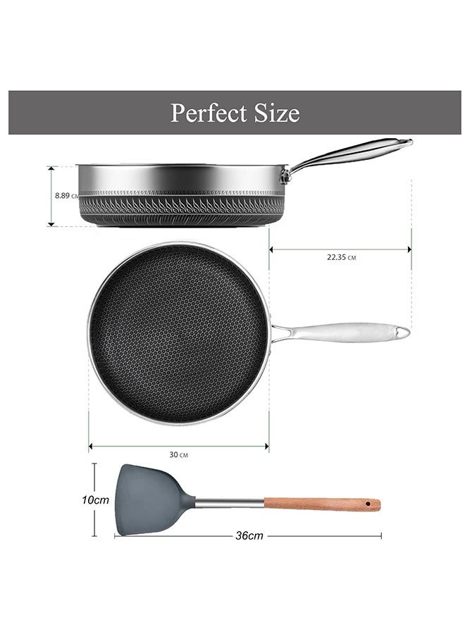 عربست مجموعة مقالي من الفولاذ المقاوم للصدأ، مقلاة غير لاصقة مقاس 28 سم مع نقش على شكل قرص العسل، مقلاة ووك من الفولاذ المقاوم للصدأ مع غطاء زجاجي ومقبض وملعقة سيليكون، متوافقة مع الحث الحراري وآمنة للاستخدام في غسالة الأطباق - Image 2