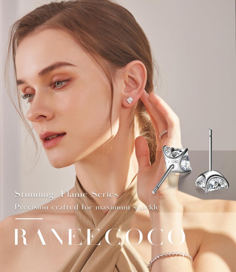 Raneecoco "STUNNING FLAME "18K Gold Plated Sterling Silver Princess Cut Cubic Zirconia Stud Earrings for men women(w-5) - Image 2