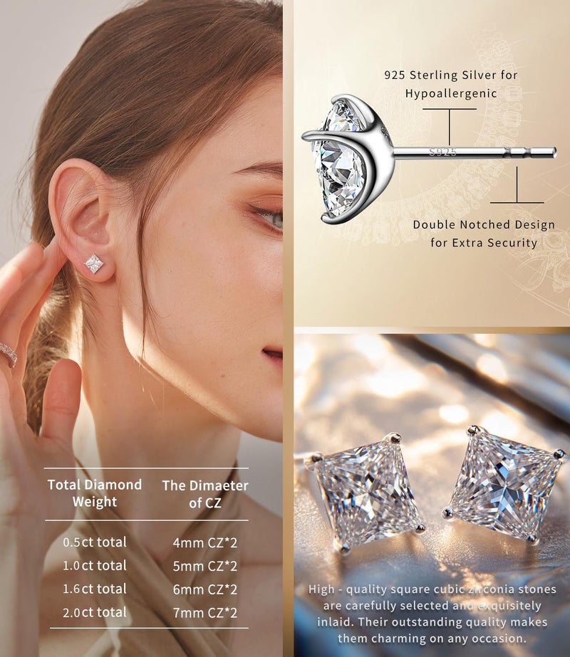 Raneecoco "STUNNING FLAME "18K Gold Plated Sterling Silver Princess Cut Cubic Zirconia Stud Earrings for men women(w-5) - Image 4