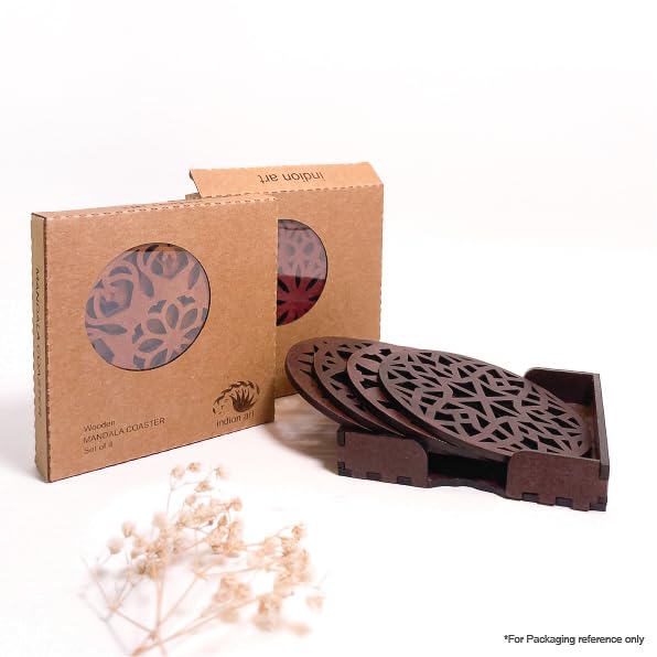 IndionArt Pancha 88mm Decorative Wooden Tea Coaster Set with Stand HandPainted SpillResistant Mandala Design Set of 8 Warm Walnut - Image 5