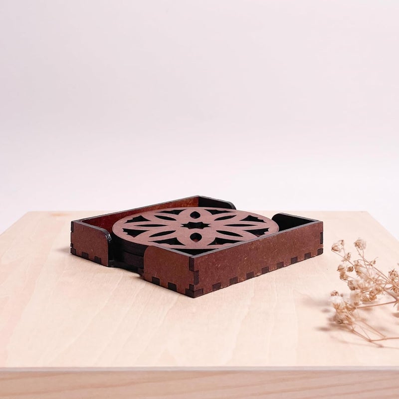 IndionArt Pancha 88mm Decorative Wooden Tea Coaster Set with Stand HandPainted SpillResistant Mandala Design Set of 8 Warm Walnut - Image 2