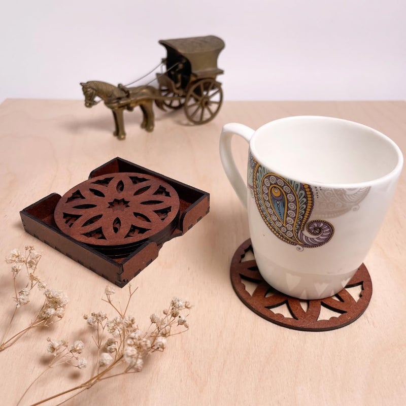 IndionArt Pancha 88mm Decorative Wooden Tea Coaster Set with Stand HandPainted SpillResistant Mandala Design Set of 8 Warm Walnut - Image 4