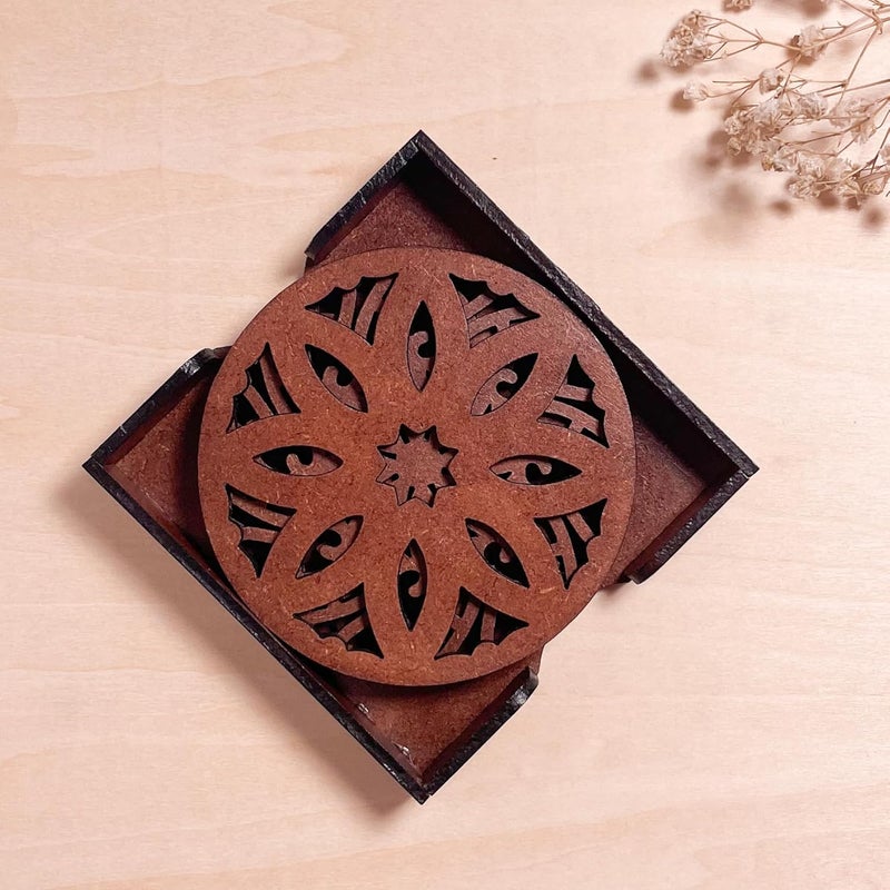 IndionArt Pancha 88mm Decorative Wooden Tea Coaster Set with Stand HandPainted SpillResistant Mandala Design Set of 8 Warm Walnut - Image 1