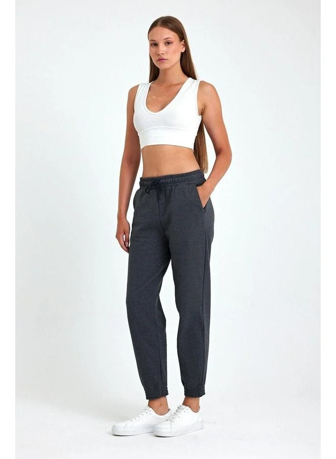 Mmetalic Women's Anthracite Cotton Thick Elastic-Cuff High-Waisted Comfortable Jogger Sweatpants.