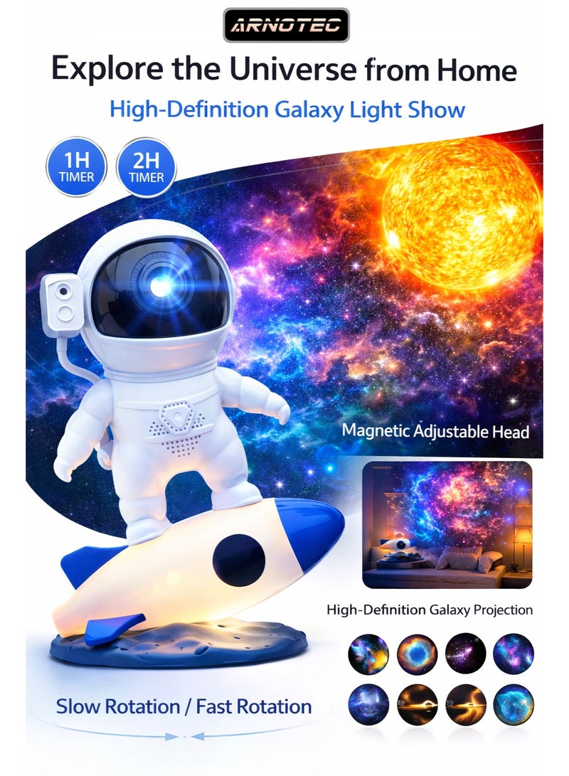 ARNO HD Astronaut Planetarium Projector, Galaxy Projector for Bedroom, HD Replaceable 13 Film Discs & Adjustable Focus Lens, Rocket Night Light, Timed Ceiling Light - Image 1
