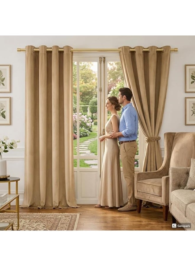 ستائر معتمة من القطن المخملي التركي المطرقة من الكوبتان، 150 × 270 سم، حلقات فولاذية، قماش ثقيل، عزل فائق (بيج قهوة) - Image 2