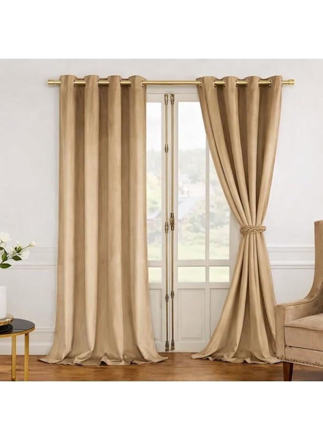 ستائر معتمة من القطن المخملي التركي المطرقة من الكوبتان، 150 × 270 سم، حلقات فولاذية، قماش ثقيل، عزل فائق (بيج قهوة) - Image 1