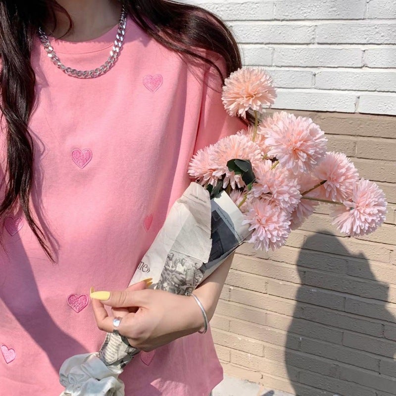 Short-Sleeved T-Shirt Women'S 2025 Style Western Style Round Neck Love Embroidered Loose Korean Style Top Women'S Wear - Image 5