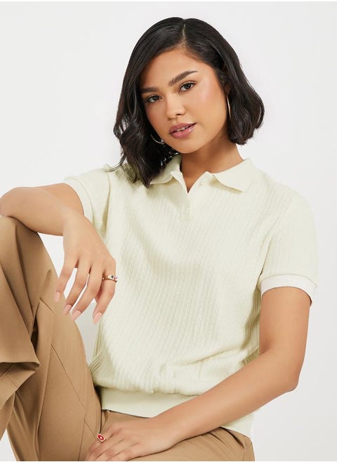 Pointelle Collared Knit Top