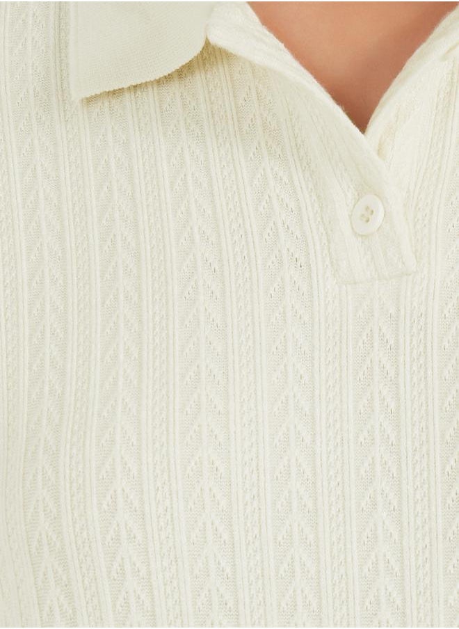 Styli - Pointelle Collared Knit Top - Image 1