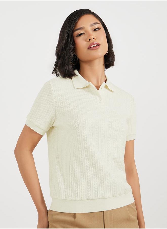Styli - Pointelle Collared Knit Top - Image 1