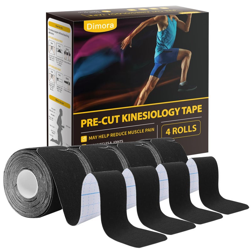 Dimora Kinesiology Tape, 80 Count Precut Strips 4 Rolls, Original Cotton, 10â€ Elastic Athletic Tape for Muscle Pain Relief and Joint Support, Black - Image 1