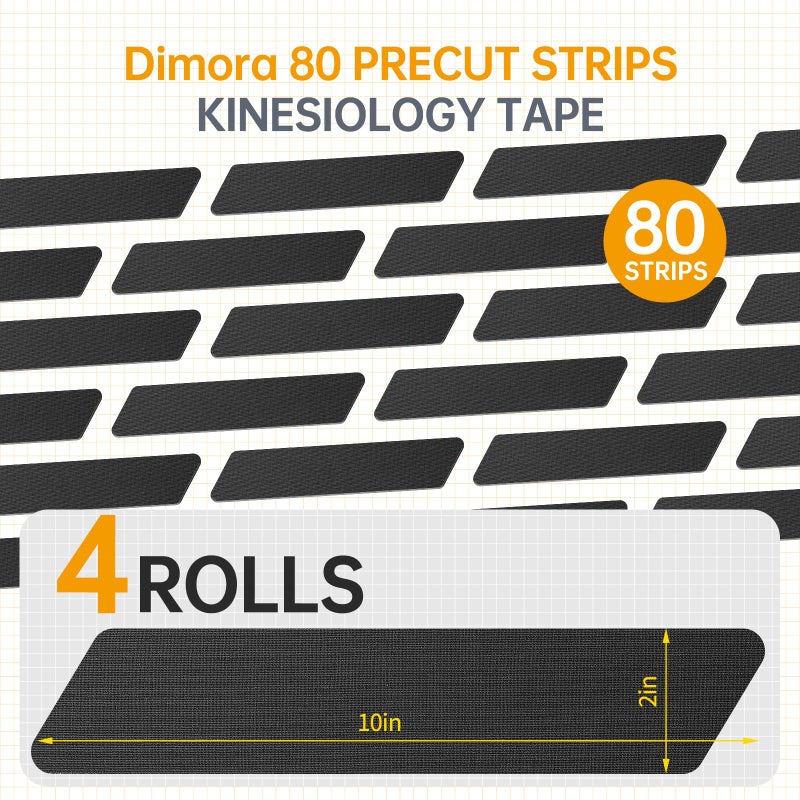 Dimora Kinesiology Tape, 80 Count Precut Strips 4 Rolls, Original Cotton, 10â€ Elastic Athletic Tape for Muscle Pain Relief and Joint Support, Black - Image 2