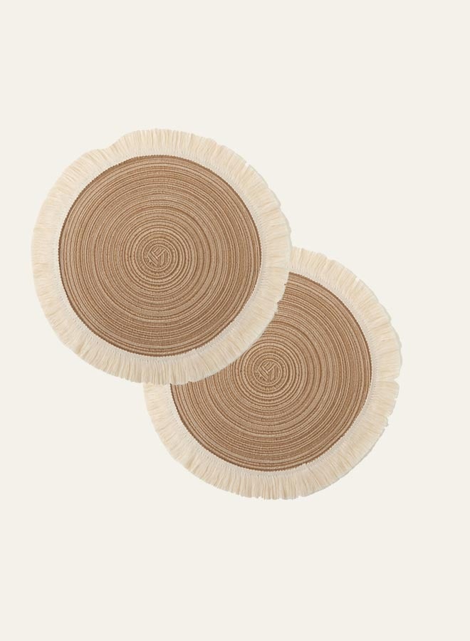 AVHUGOO 2-Piece HandmadeCotton Round Tassel Placemat For Dining Table And Home Decoration Beige 38*38CM  - Image 1
