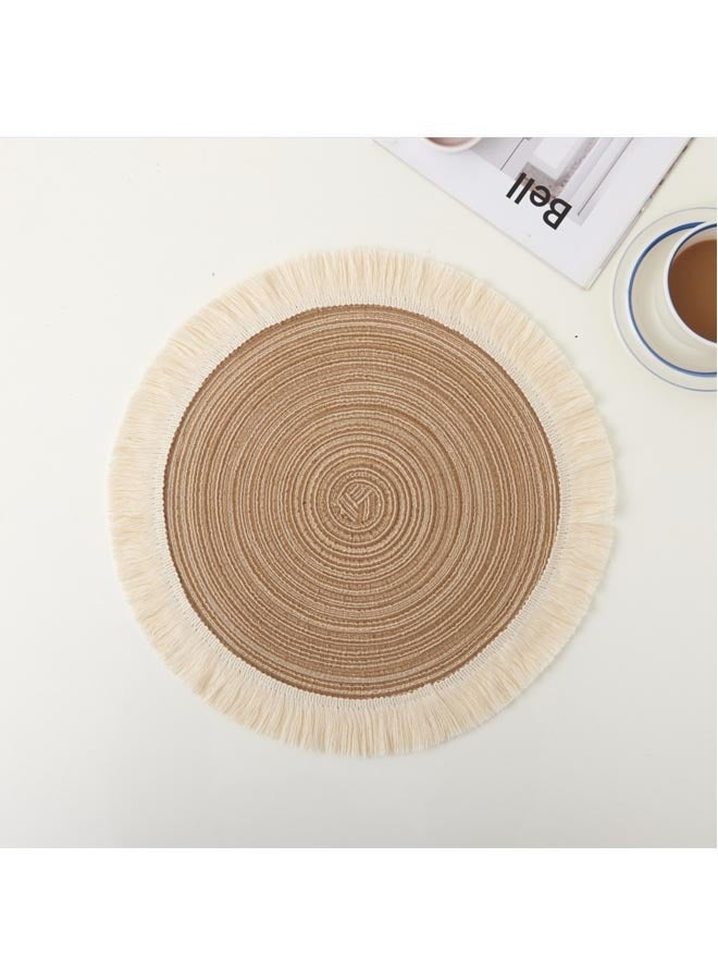 AVHUGOO 2-Piece HandmadeCotton Round Tassel Placemat For Dining Table And Home Decoration Beige 38*38CM  - Image 2