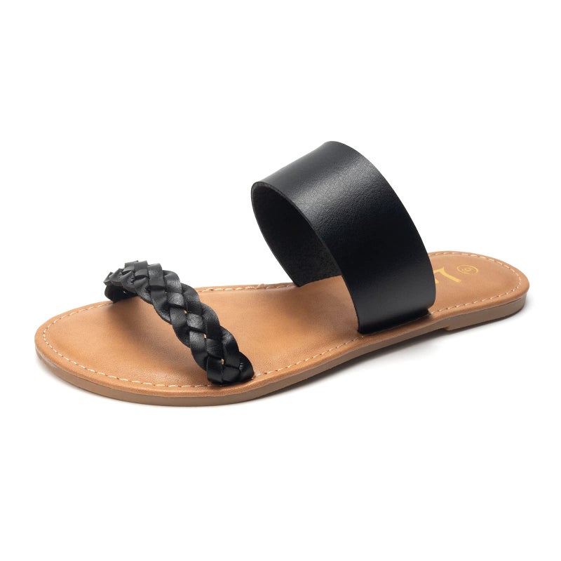 LM Womens Braided Slide Sandals Open Toe Two Strap Slip On Flat Sandals Casual Summer Shoes 10 Black