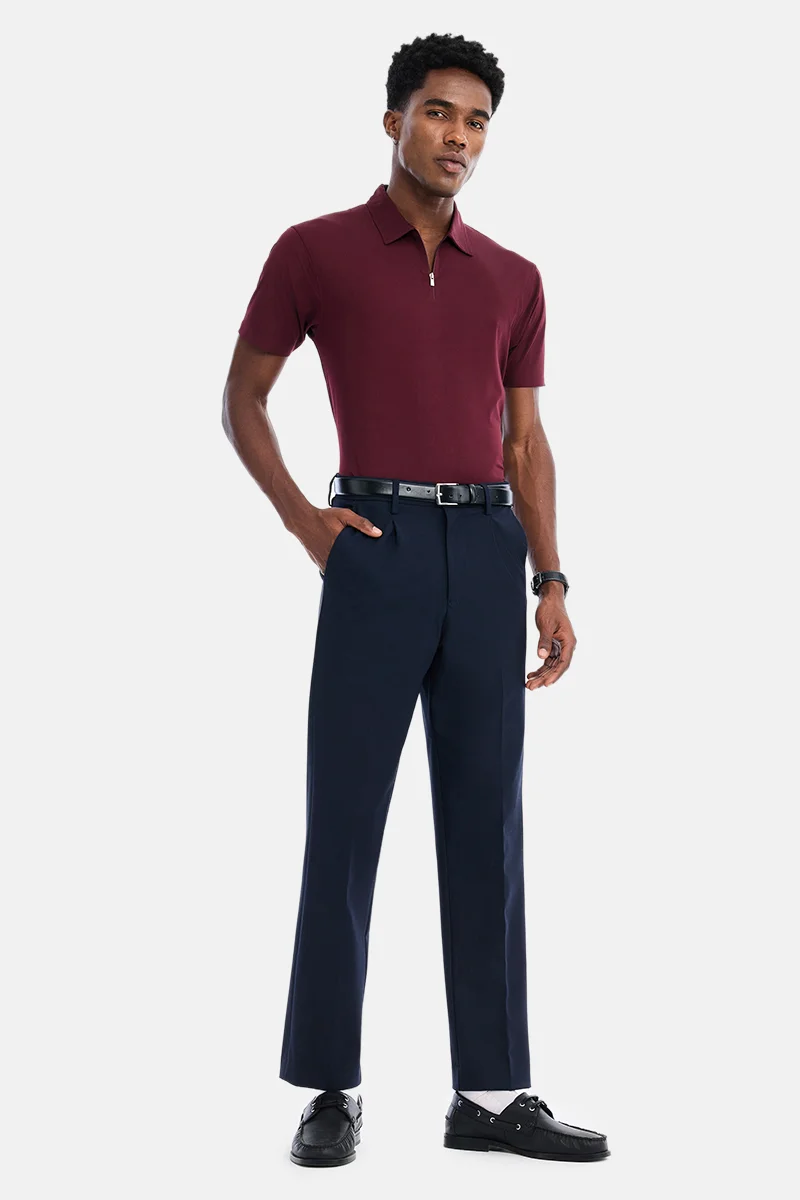 سنيتش Navy Blue Textured Regular Fit Formal Trousers