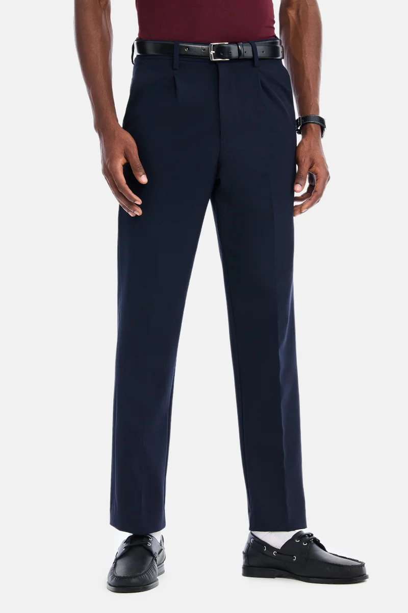 سنيتش Navy Blue Textured Regular Fit Formal Trousers