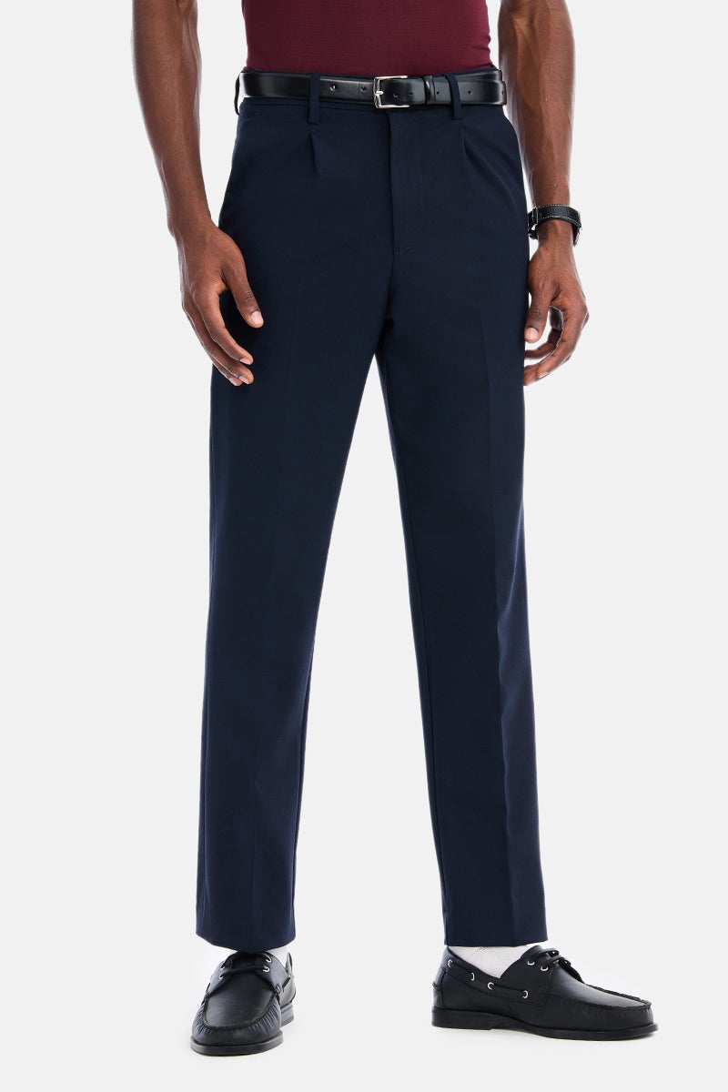 SNITCH Navy Blue Textured Regular Fit Formal Trousers - Image 1