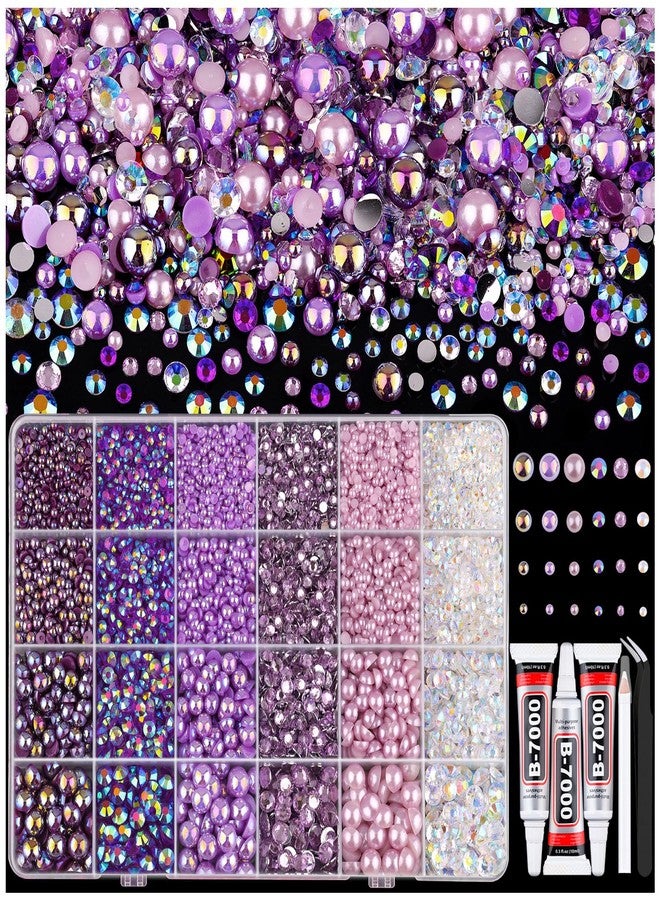 TINKRSTUFF 9000PCS Flatback Pearls and Rhinestones for Bedazzling Kit, Purple 3-10mm Resin Rhinestones and Half Pearls for Crafting, Nail Art Dec with 3pcs B7000 Jewelry Glue - Image 1