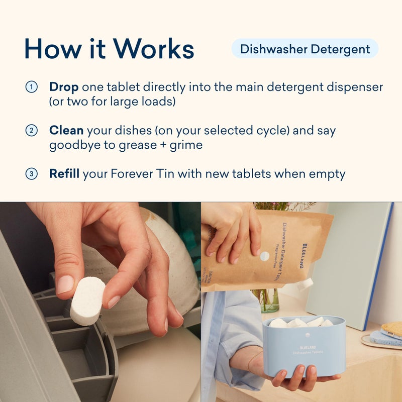 BLUELAND Dishwasher Detergent Tablets, Starter Set, 60 Count with Tin, Unscented Plastic-Free Eco Friendly Dishwashing Pods, Natural, Non Toxic, Sustainable - Image 5