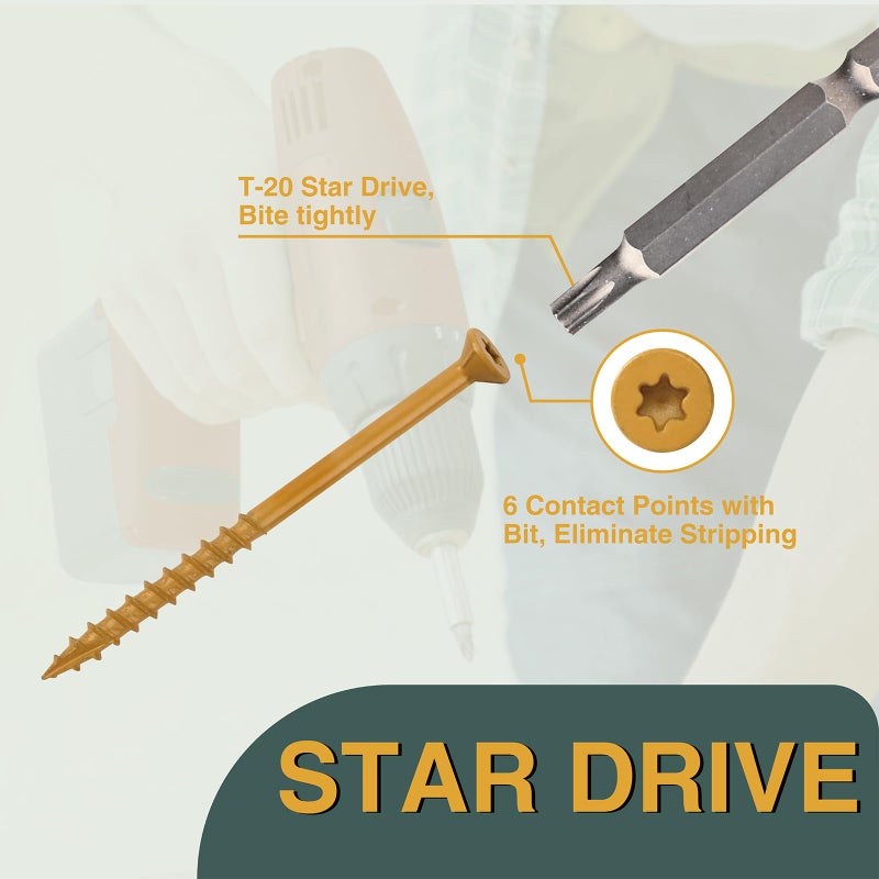 T.K.Excellent Deck Screws 2 Inch Wood Screws #8 x 2, 630 Pcs, Rust Resistant Structural Screws Tan Exterior Fence Screws Torx Drive Screws, Two T20 Bits, Brilliant Yellow Ruspert Coating Rust Proof - Image 3