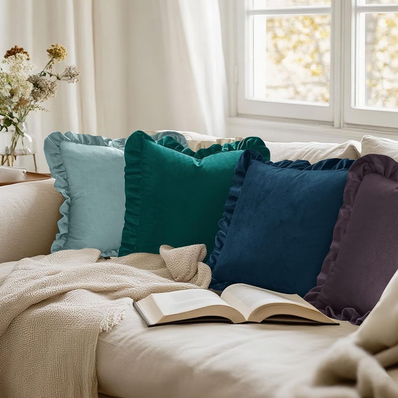 JIUZHEN Throw Pillow Covers for Couch Sofa Livingroom Bed，Pack of 2 Lavender Velvet Decorative Soild Throw Pillow Covers with Ruffles，20x20 Inch - Image 5