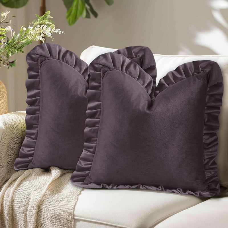 JIUZHEN Throw Pillow Covers for Couch Sofa Livingroom Bed，Pack of 2 Lavender Velvet Decorative Soild Throw Pillow Covers with Ruffles，20x20 Inch - Image 1