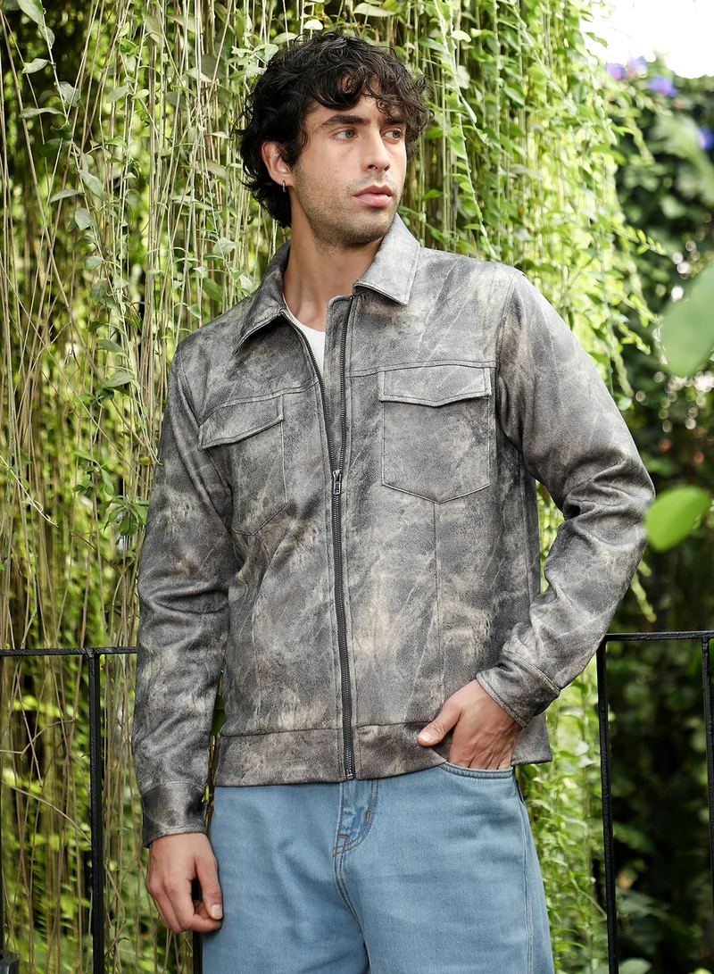 Campus Sutra Men Dye Utility-Twill Bomber Jacket | Point Collar, Long Button-Cuff Sleeves | Zipper , Band-Straight Hem | Abstract Print Twill | Woven Fabric For Casual & Daily Wear | Charcoal Grey