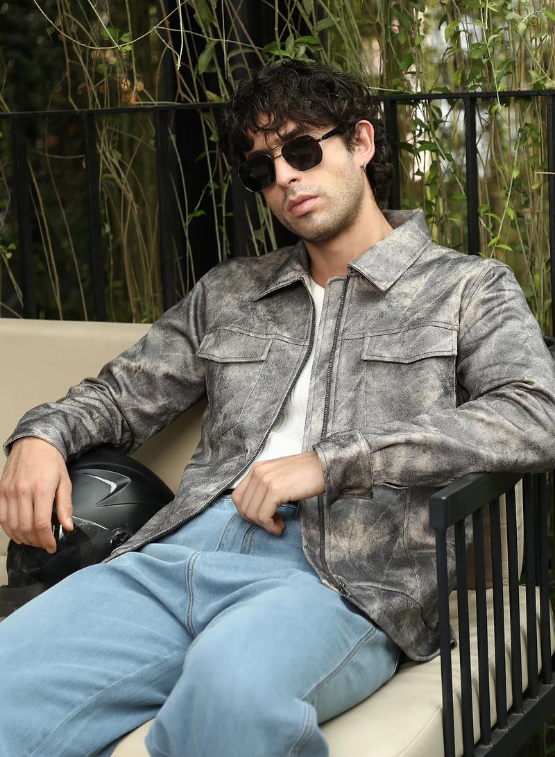 Campus Sutra Men Dye Utility-Twill Bomber Jacket | Point Collar, Long Button-Cuff Sleeves | Zipper , Band-Straight Hem | Abstract Print Twill | Woven Fabric For Casual & Daily Wear | Charcoal Grey