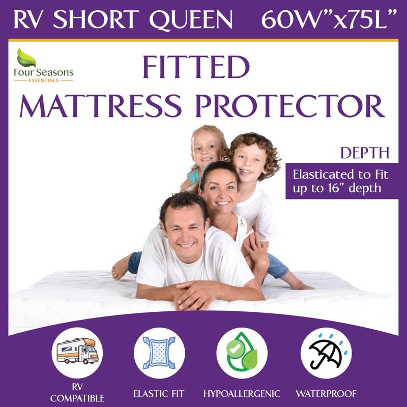 Four Seasons Essentials RV Short Queen Mattress Protector  Mattress Cover for 60x75 Bed  100 Waterproof Noiseless Hypoallergenic Fitted Sheet Mattress Protector for Camper 