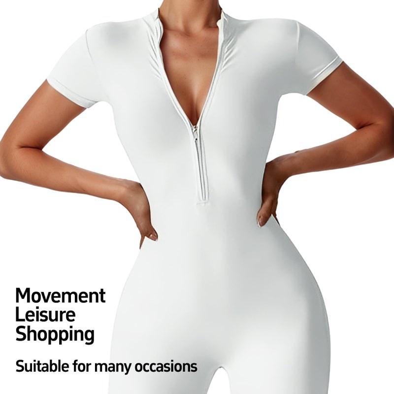 QFE Women Bodysuit Zip Tummy Control Yoga Workout Work Out Gym Sets for Athletic Rompers Romper Leotards One Piece Jumpsuits Outfit Body Suits Shorts Sleeve Stretch Neck Ribbedsuits Sexy White Medium - Image 3
