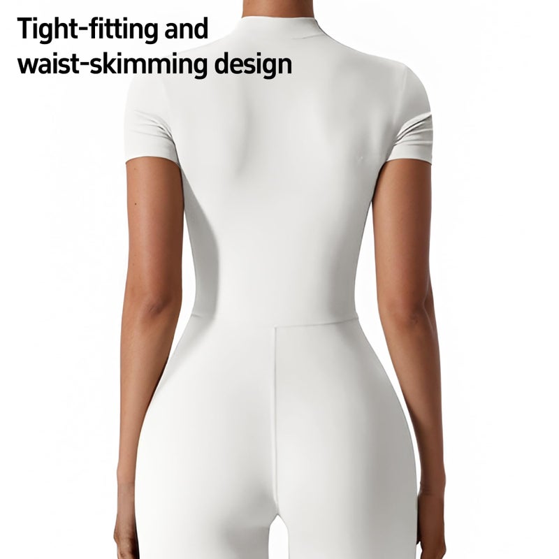 QFE Women Bodysuit Zip Tummy Control Yoga Workout Work Out Gym Sets for Athletic Rompers Romper Leotards One Piece Jumpsuits Outfit Body Suits Shorts Sleeve Stretch Neck Ribbedsuits Sexy White Medium - Image 4