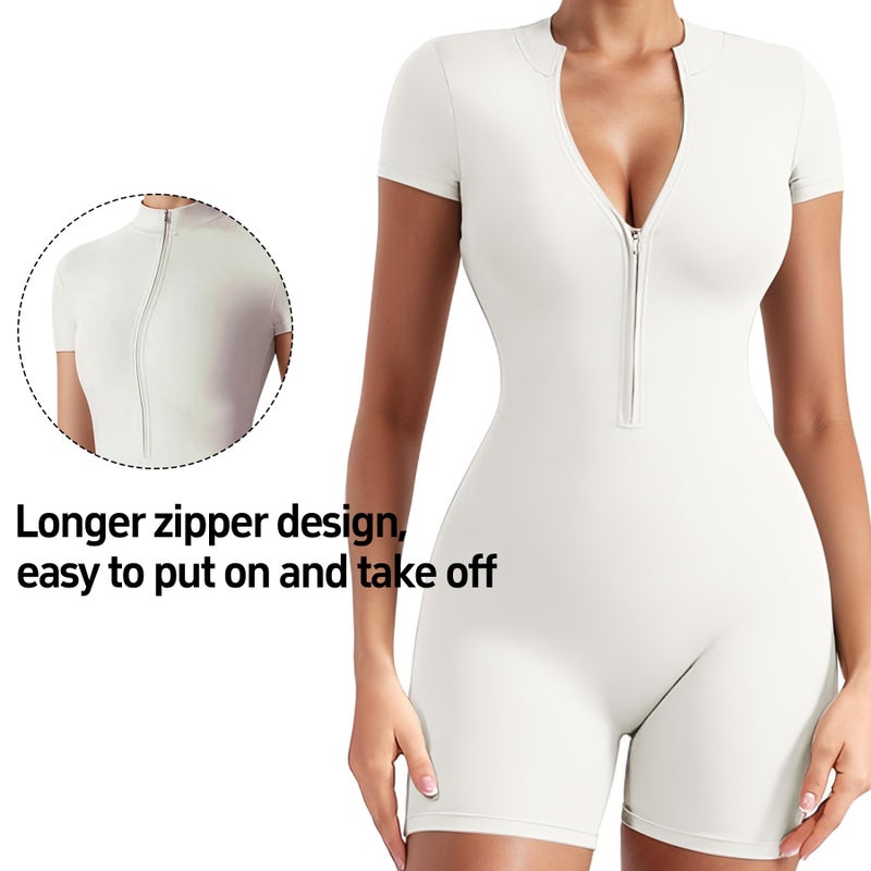 QFE Women Bodysuit Zip Tummy Control Yoga Workout Work Out Gym Sets for Athletic Rompers Romper Leotards One Piece Jumpsuits Outfit Body Suits Shorts Sleeve Stretch Neck Ribbedsuits Sexy White Medium - Image 2