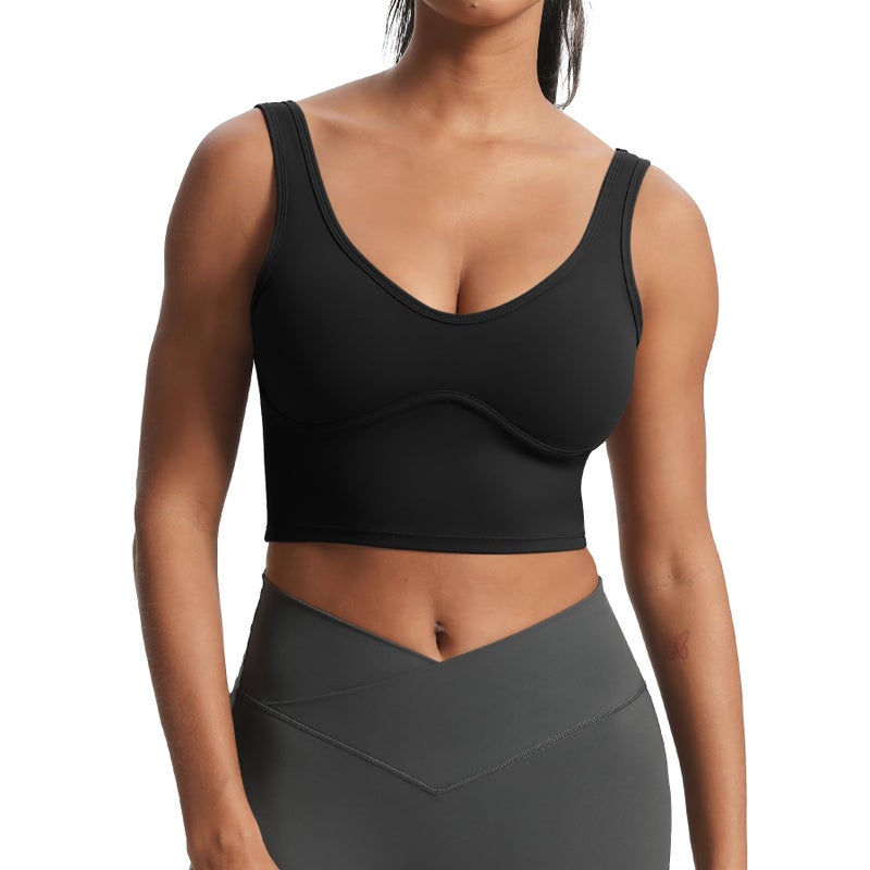 Aoxjox Women's Workout Brooke Tank Crop Curve Longline Fitness Sports Bras Training Gym Bra Yoga (Black, Small) - Image 1