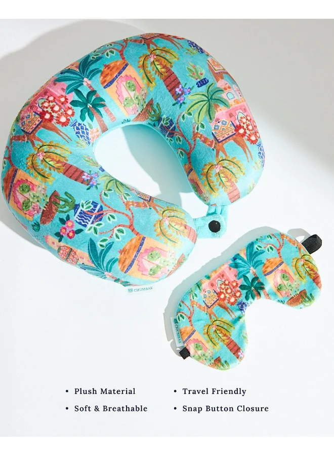Chumbak Jaipurscape Travel Pillow with Plush Eye Mask | Stylish and Trendy Printed Neck Pillow for Travel/Home/Office | Travel Essentials | Cushion Neck Pillow | Flight Accessories | Trip Essential