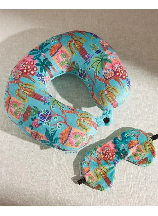 Chumbak Jaipurscape Travel Pillow with Plush Eye Mask | Stylish and Trendy Printed Neck Pillow for Travel/Home/Office | Travel Essentials | Cushion Neck Pillow | Flight Accessories | Trip Essential