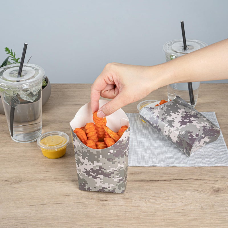 Restaurantware Bio Tek 4.7 x 3.5 x 5.1 Inch French Fry Cup 100 Disposable Snack Cups - Stackable Sustainable Camouflage Paper 4 Ounce Fry Holder For Fries Onion Rings Popcorn or Cookies - Image 5