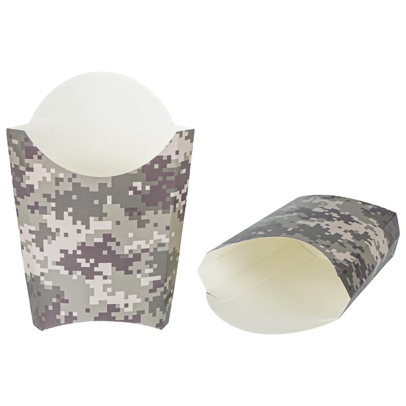 Restaurantware Bio Tek 4.7 x 3.5 x 5.1 Inch French Fry Cup 100 Disposable Snack Cups - Stackable Sustainable Camouflage Paper 4 Ounce Fry Holder For Fries Onion Rings Popcorn or Cookies - Image 1