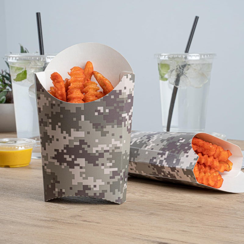 Restaurantware Bio Tek 4.7 x 3.5 x 5.1 Inch French Fry Cup 100 Disposable Snack Cups - Stackable Sustainable Camouflage Paper 4 Ounce Fry Holder For Fries Onion Rings Popcorn or Cookies - Image 3